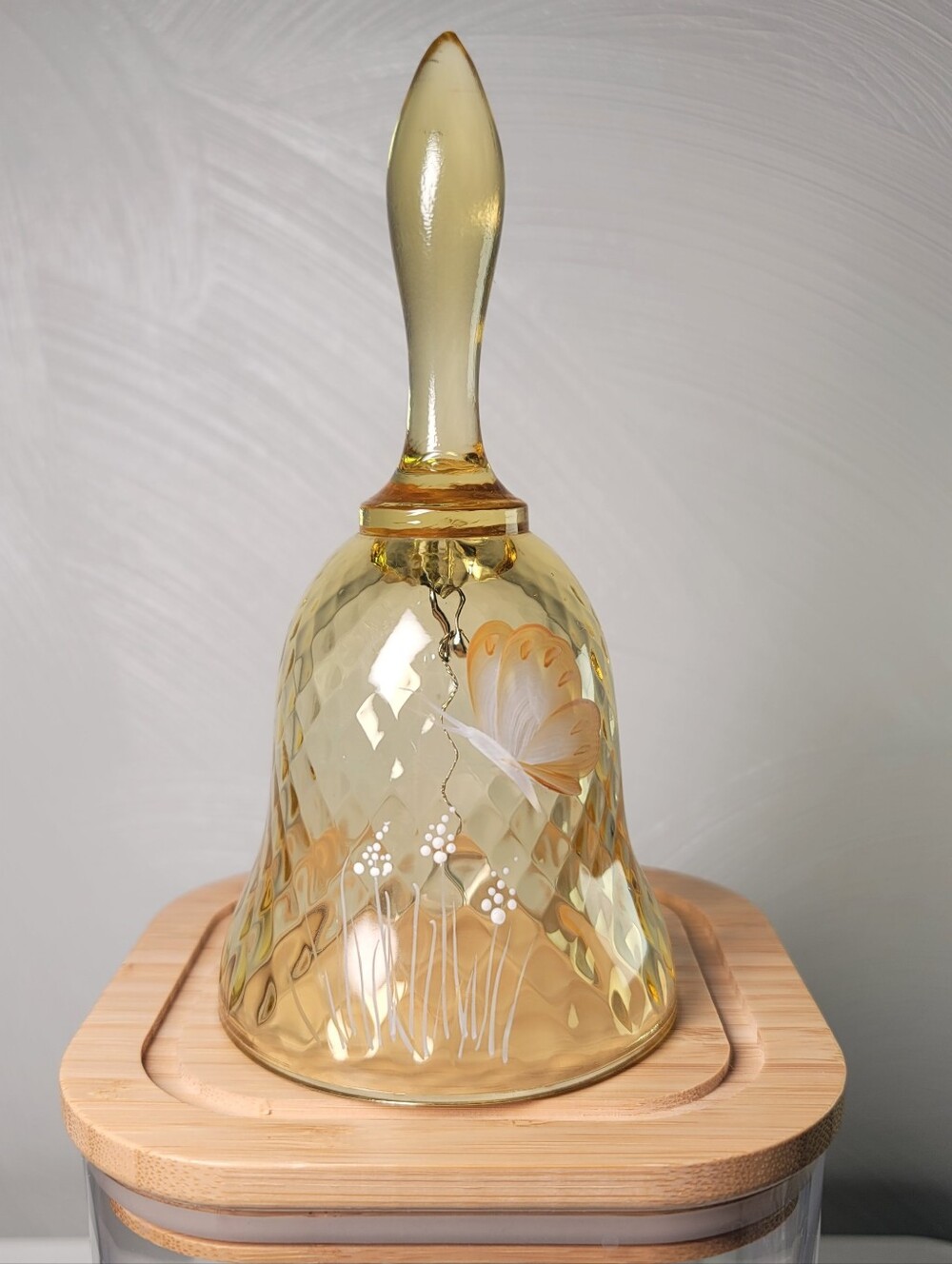 NWOT. Vintage Fenton Diamond Yellow Art Glass Handpainted, Stamped, Signed Bell
